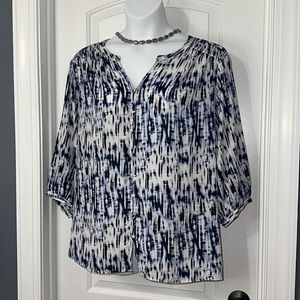 Rose and Olive 3/4 length sleeve blouse, blue, white, lavender, smocking detail